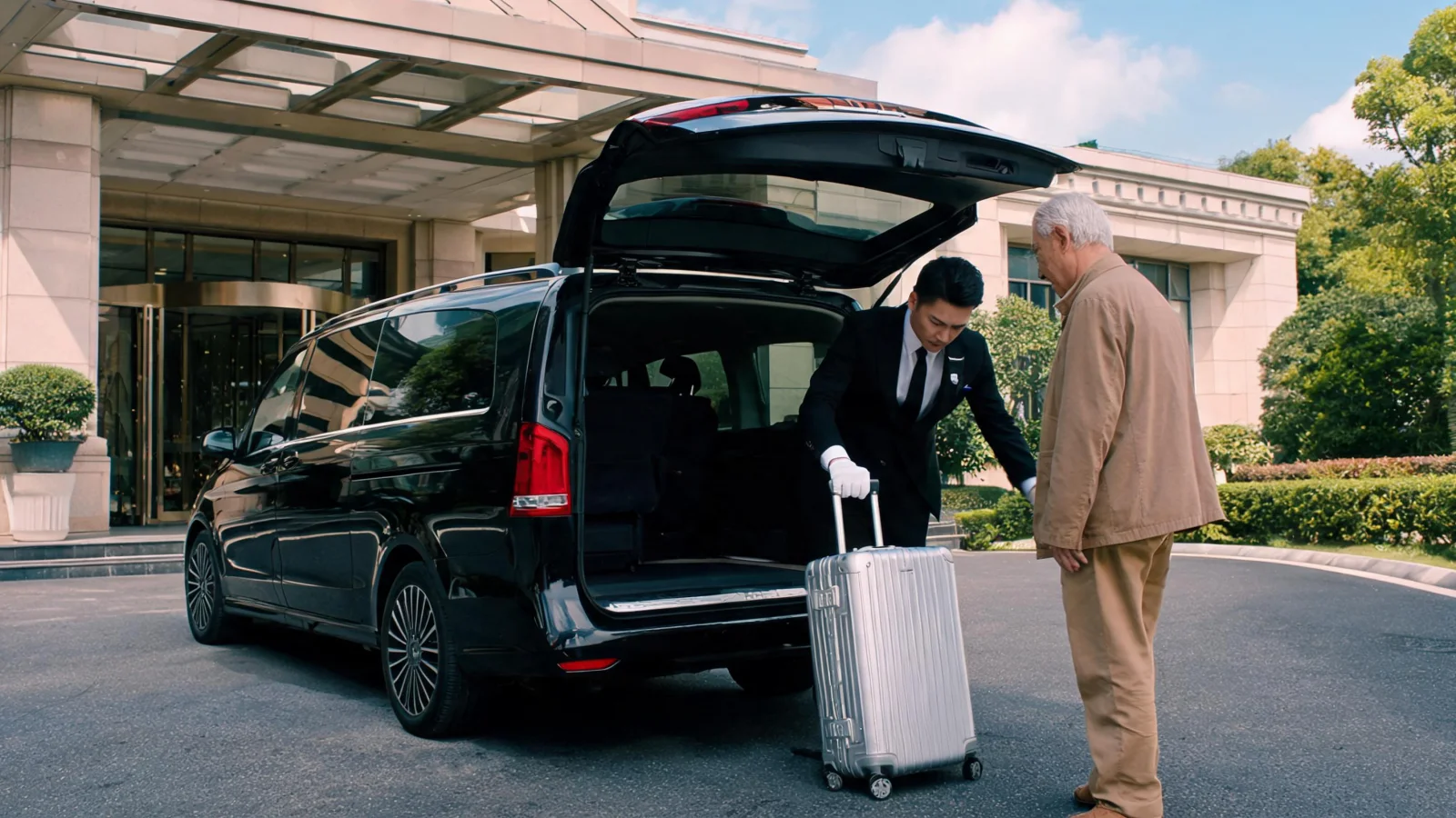 At a hotel entrance overseas, a business car driver assists an elderly person with luggage