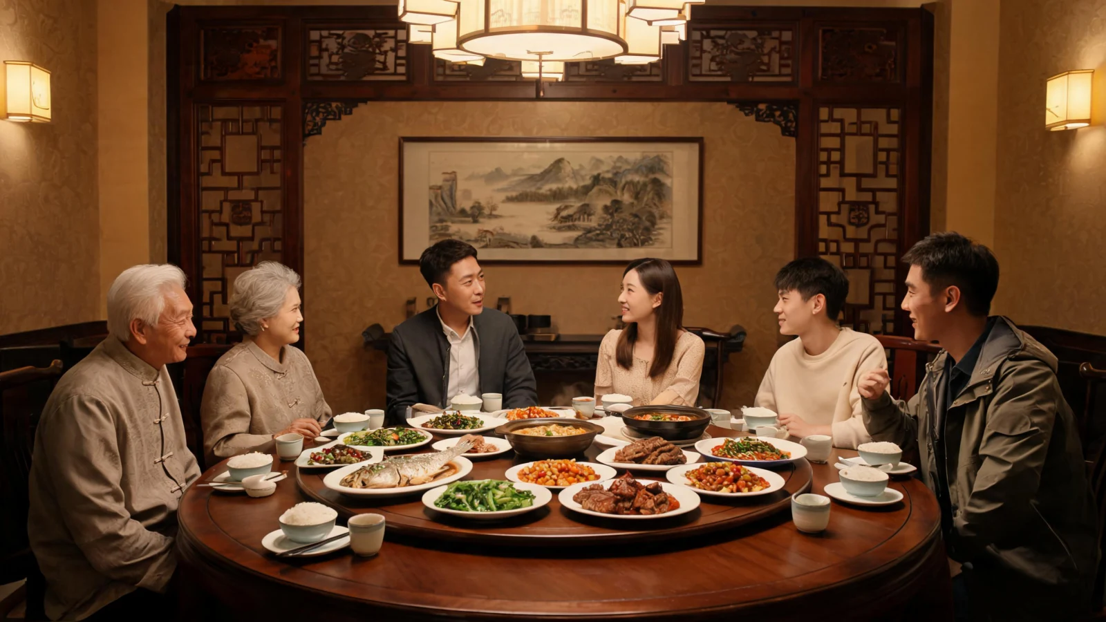 A family dining at a Chinese restaurant overseas, chatting with their Chinese-speaking guide