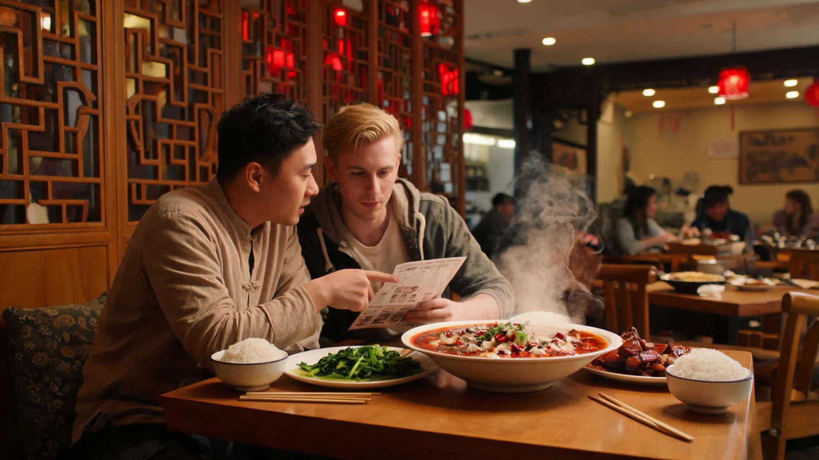 Local guide assisting foreign traveler in ordering food at a Chinese restaurant