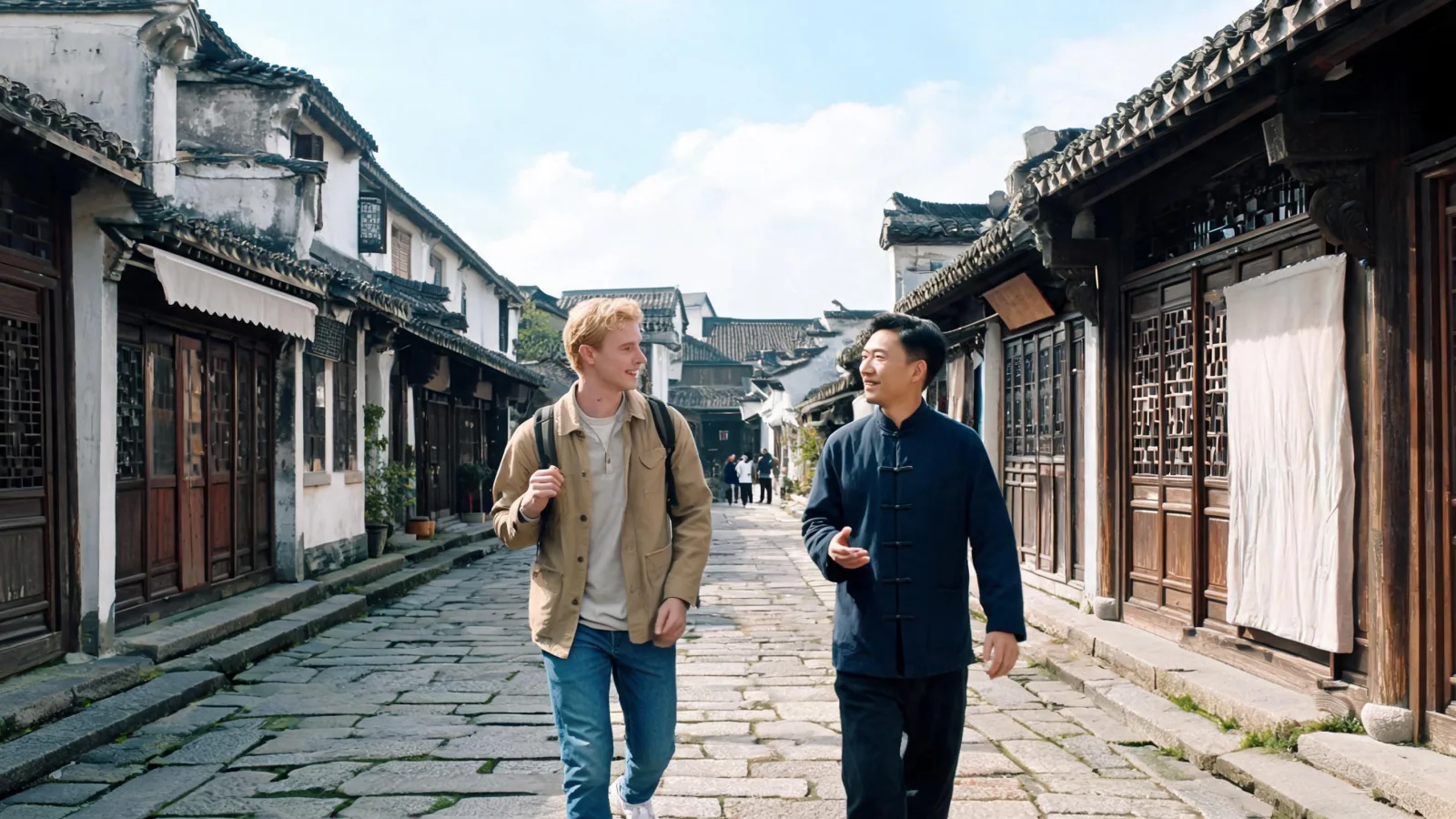 Foreign traveler walking and conversing with a local guide in an old town street