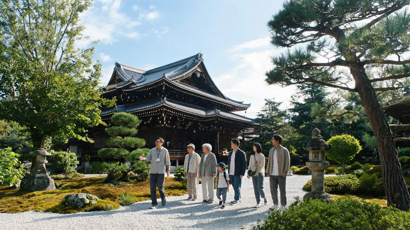 A Chinese-speaking guide assisting a multi-generational family as they visit a Japanese temple garden