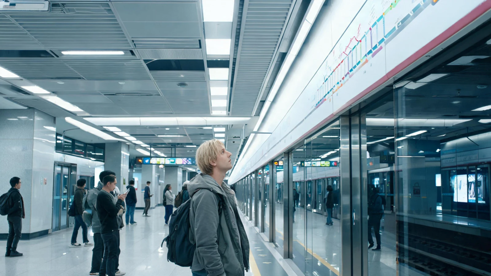 Foreign traveler consulting English signs inside a Chinese city subway station